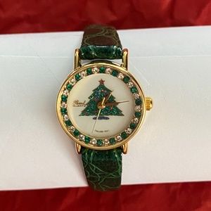 Vintage Pearl Quartz Leather & Crystal Christmas Tree Watch